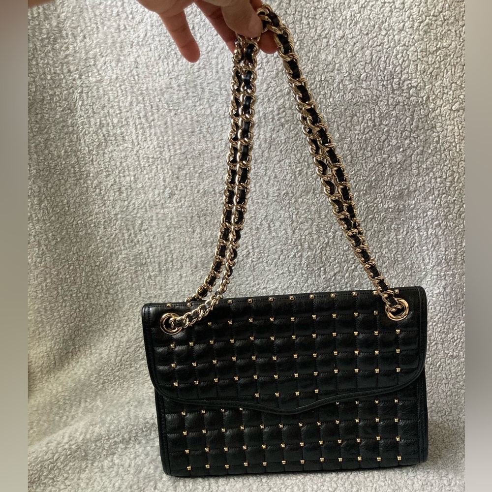 Rebecca Minkoff Black Quilted Stud Shoulder Bag with Gold Chain